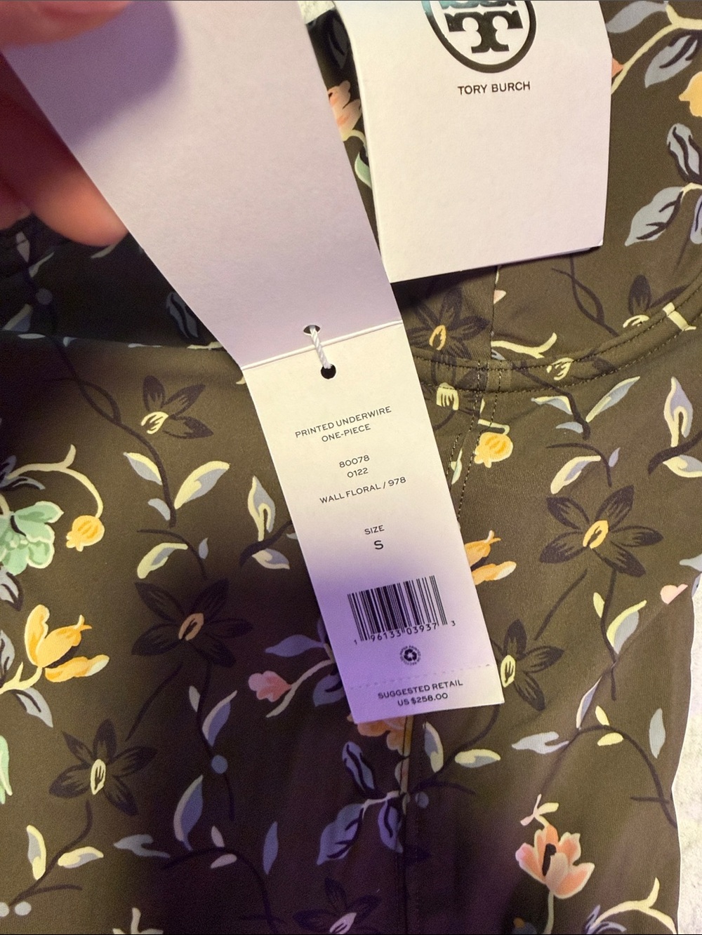 NWT| Tory Burch Olive Green Floral One-Piece Swimsuit - Picture 3 of 4